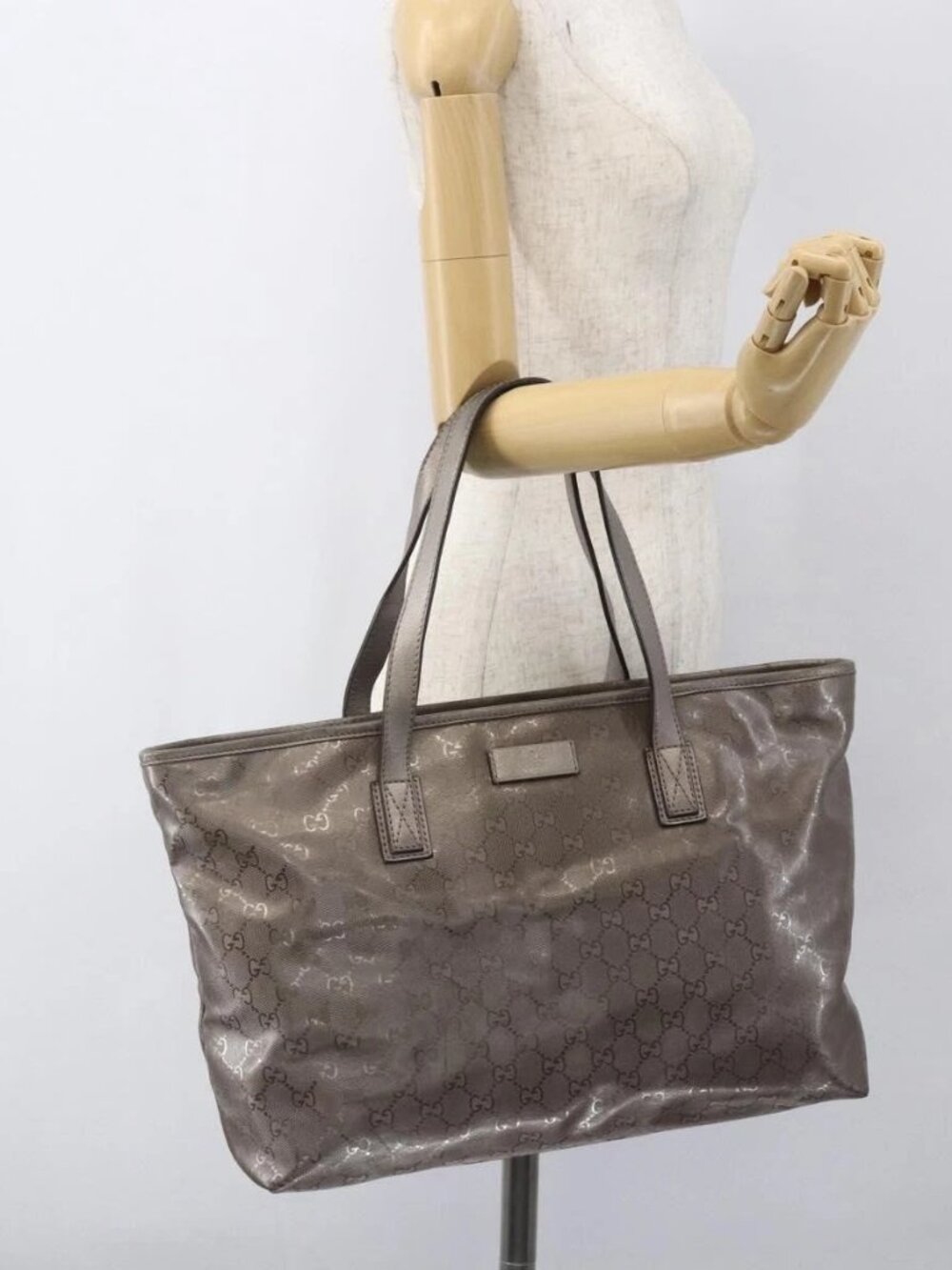 GUCCI GG implementation Tote Bag PVC Silver 211137 Auth BA9306